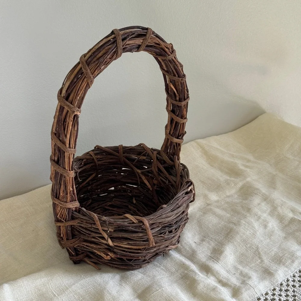 Rustic Grapevine Woven Basket with Handle Natural Wood Farmhouse Decor Primitive